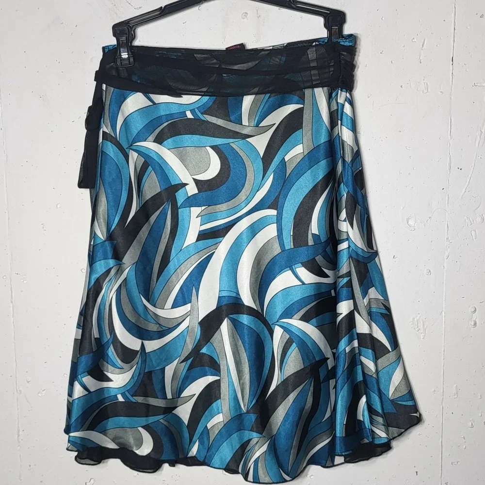 Wrapper Womens Abstract Print‎ Lace Silky Midi Skirt Medium y2k Bow Retro 70s